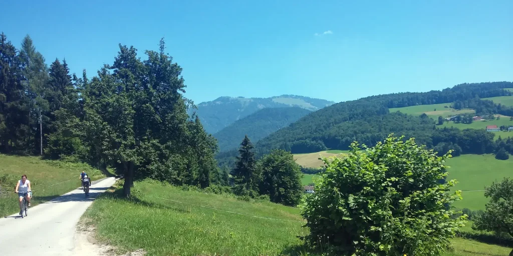 Egyedi túraszervezésre való jelentkezésre buzdító kép, zöldellő dombok között húzódó bringás útvonal Ausztriából.