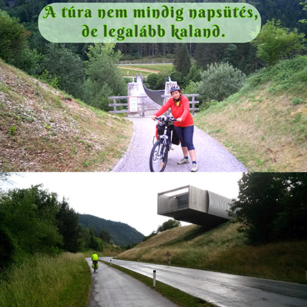 Egy esős napon, fáradt, megpakolt túrakerékpáros teker az Alpokban